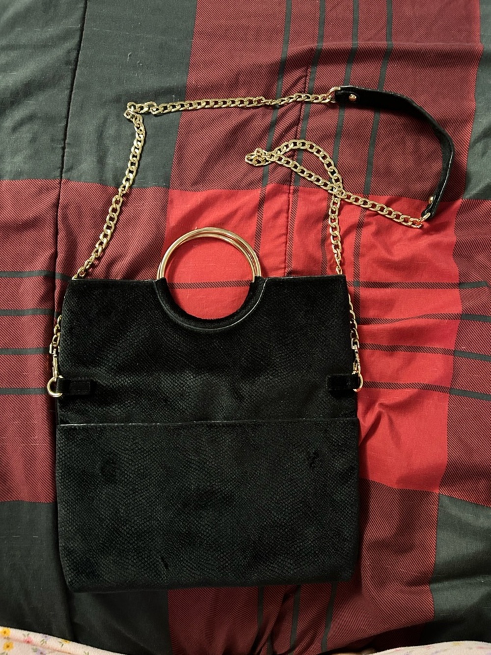 Madison West Black Shoulder Bag with Gold Ring handles and removable Chain